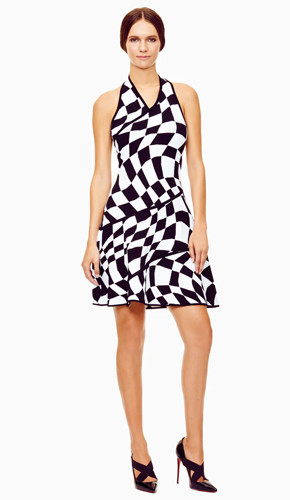 Black and white geometric pattern halter dress with separating diagonal zipper and jacquard knit fabric.