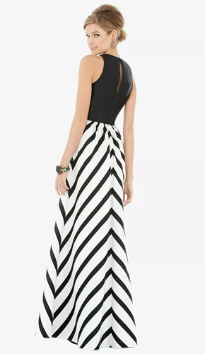 Sleeveless satin twill dress with bold print and shirred skirt.