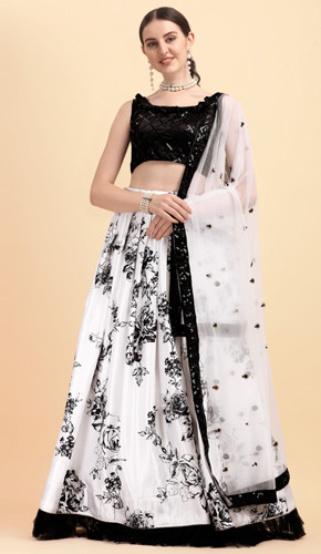 Black and white lehenga choli with sequin work and floral print.