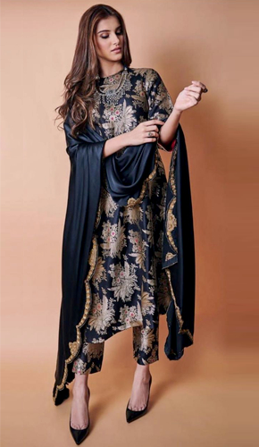 Chic high neck navy and gold brocade kurta set with straight cut pyjamas, complemented by a matching dupatta and statement silver necklace.