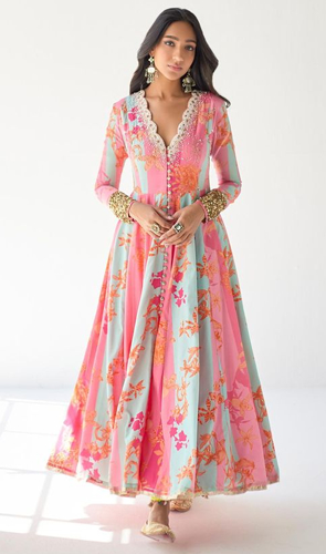 Elevate your style with our hot pink crepe and organza anarkali palazzo set adorned with floral print, hand embroidery, and scalloped details. perfect for a graceful and relaxed look.