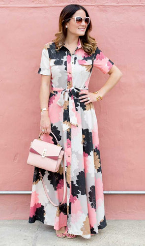 Elevate your style with this chic pink maxi dress featuring a delightful floral design in black, light pink, and dark pink. half-length sleeves, shirt collar, and two front pockets add a touch of sophistication. complete the look with a henri bendel mini uptown satchel, steve madden carrson sandals, and pink kate spade genice sunglasses.