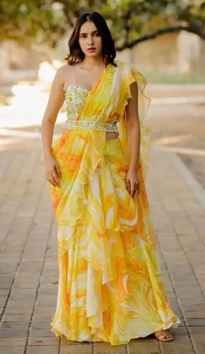 ruffle tie and dye saree with belt