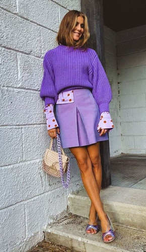 Dark lavender top paired with light lavender color skirt, monochromatic color magic with popping polka dots. Dark lavender top paired with light lavender color skirt, monochromatic color magic with popping polka dots.