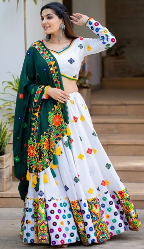 Exquisite silk lehenga choli set with chine stitch sequence work and georgette dupatta. perfect for indian festivals. Exquisite silk lehenga choli set with chine stitch sequence work and georgette dupatta. perfect for indian festivals.