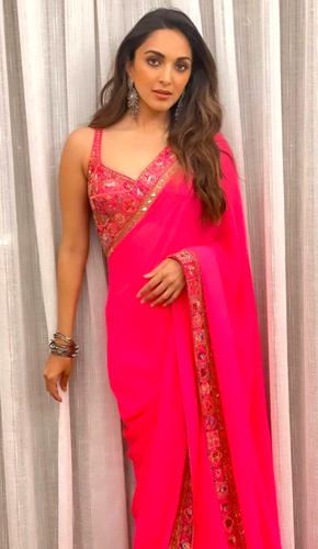 Kiara advani stuns in fuchsia pink saree - mirror work & golden embroidery