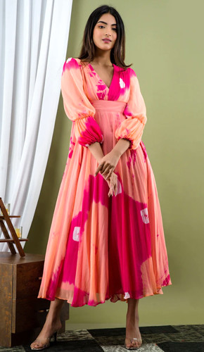 Peach & pink tie dye maxi dress - a-line fit & bishop sleeves