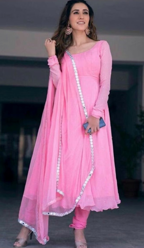 Pink flared anarkali - mirror work dupatta & chiffon elegance