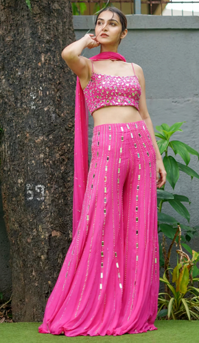 Pink georgette mirror work sharara set - hand embroidered elegance