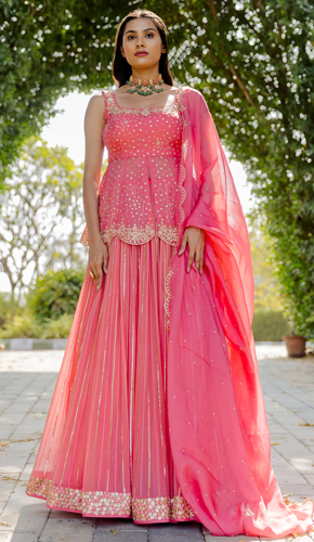 Pink organza peplum & lehenga set - elegant embroidered ensemble