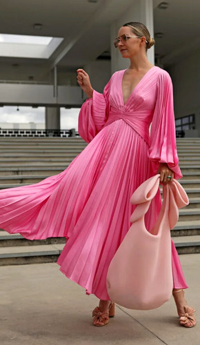 Pleated pink flowy dress - deep v-neck & asymmetrical hemline