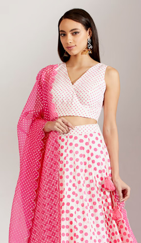 White polka dot lehenga - chic v-neck blouse and silk dupatta